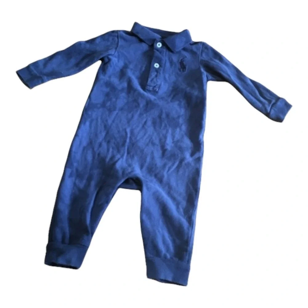 Ralph Lauren Boys‎ Romper Size 6 Months Tie Dye Look Blue Pique Polo Long Sleeve